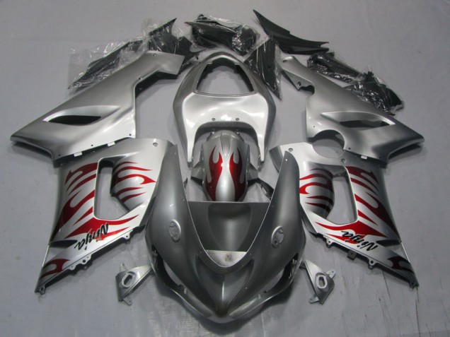 2005-2006 Silber Rot Flamme Ninja Kawasaki ZX6R Motorrad Verkleidung 2005-2006 Silber Rot Flamme Ninja Kawasaki ZX6R Motorrad Verkleidung