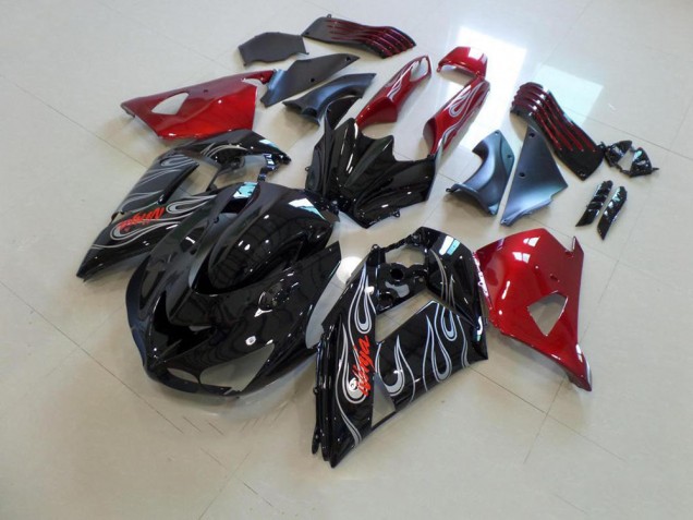 2006-2011 Schwarze und rote Silberflamme Kawasaki ZX14R ZZR1400 Motorrad Verkleidung