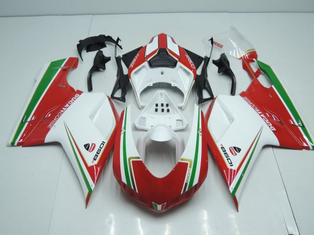 2007-2014 Weiß Und Rot mit Grün Streifen Ducati 848 1098 1198 Motorrad Verkleidung 2007-2014 Weiß Und Rot mit Grün Streifen Ducati 848 1098 1198 Motorrad Verkleidung