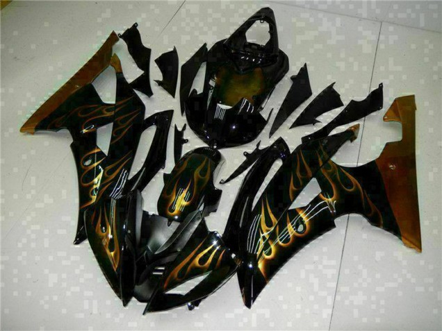 Yamaha YZF R6 Motorrad Verkleidung 2008-2016 - Glanzendes Schwarz Gold Flamme