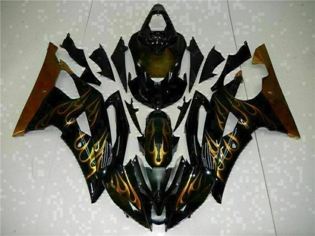 Yamaha YZF R6 Motorrad Verkleidung 2008-2016 - Glanzendes Schwarz Gold Flamme