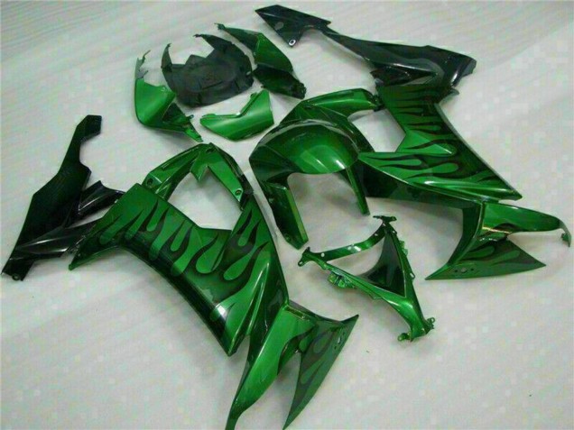 Kawasaki ZX10R Motorrad Verkleidung 2008-2010 - Glanzendes Schwarz Grun Flamme
