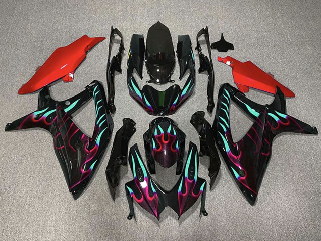 Suzuki GSXR 600 / GSXR 750 Motorrad Verkleidung 2008-2010 - Glanzendes Schwarz Rot Cyan Flamme