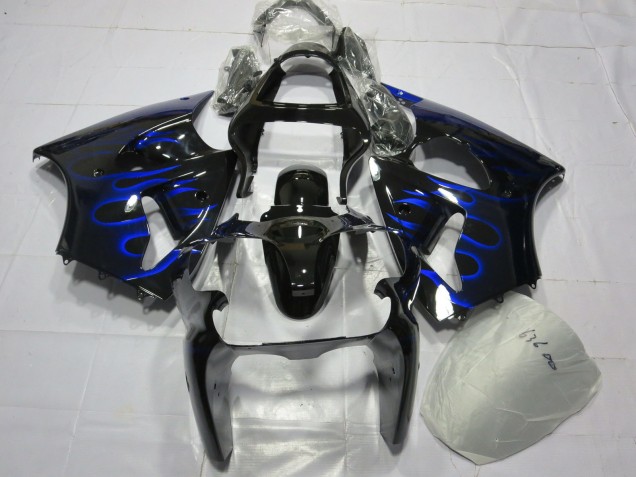Kawasaki ZX6R Motorrad Verkleidung 2000-2002 - Glanzendes Schwarz Blau Flamme