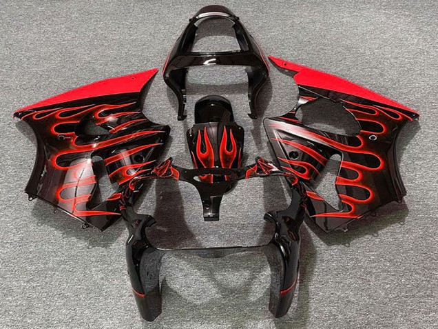 Kawasaki ZX6R Motorrad Verkleidung 2000-2002 - Glanzendes Schwarz Rot Flamme
