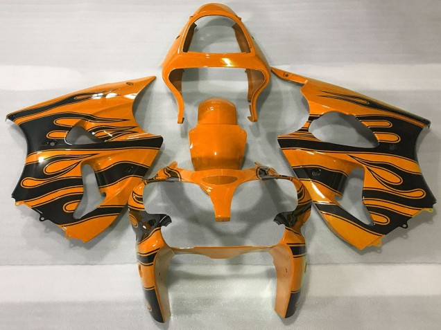 Kawasaki ZX6R Motorrad Verkleidung 2000-2002 - Orange Schwarz Flamme