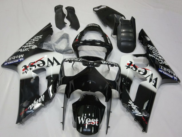 Kawasaki ZX6R Motorrad Verkleidung 2003-2004 - Glanzendes Schwarz Weiss West