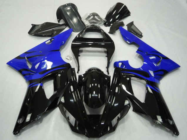 Yamaha R1 Motorrad Verkleidung 2000-2001 - Blau Glanzendes Schwarz Flamme