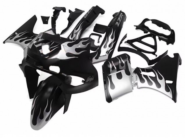 Kawasaki ZZR400 Motorrad Verkleidung 1993-2007 - Glanzendes Schwarz Silber Flamme