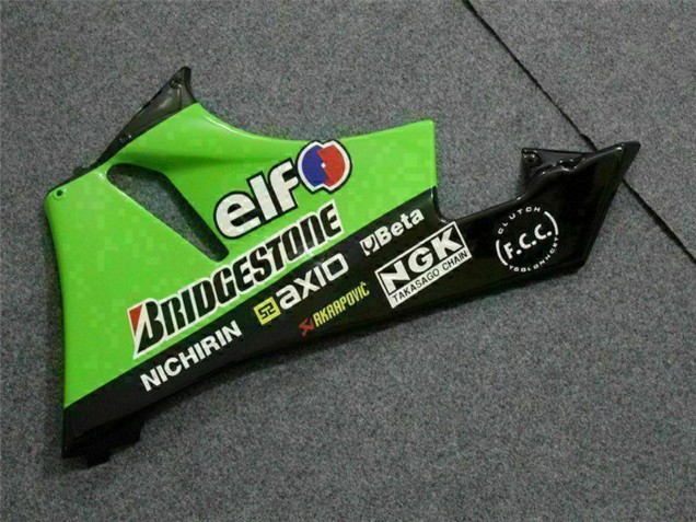 Kawasaki ZX6R Motorrad Verkleidung 2009-2012 - Grun Glanzendes Schwarz Elf Touch4 Bridgestone