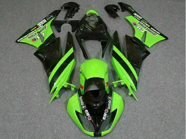 Kawasaki ZX6R Motorrad Verkleidung 2009-2012 - Grun Glanzendes Schwarz Elf Touch4 Bridgestone