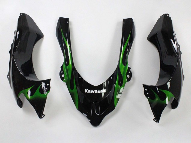 Kawasaki ZX10R Motorrad Verkleidung 2004-2005 - Schwarz mit Gruner Flamme Ninja