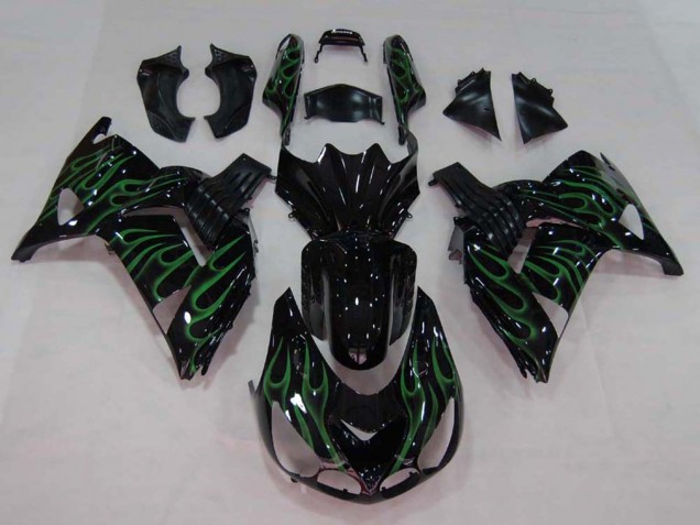 Kawasaki ZX14R ZZR1400 Motorrad Verkleidung 2006-2011 - Glanzendes Schwarz Grun Flamme