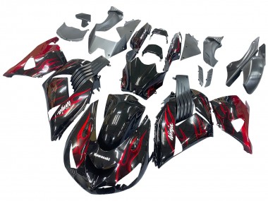 Kawasaki ZX14R ZZR1400 Motorrad Verkleidung Kit 2006-2011 - Glanzendes Schwarz Rot Flamme