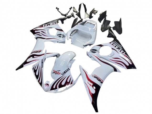 Yamaha YZF R6S Motorrad Verkleidung 2006-2009 - Weiss mit Dunkel Schwarz Flamme