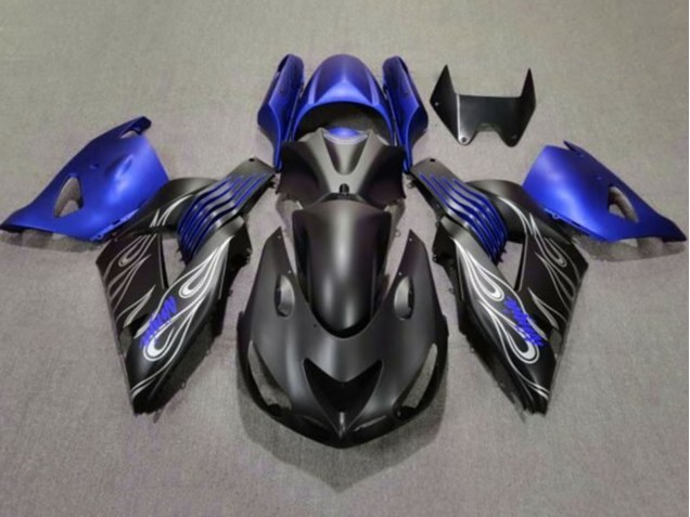 Kawasaki ZX14R ZZR1400 Motorrad Verkleidung 2006-2011 - Matt Schwarz Blau Silber Flamme