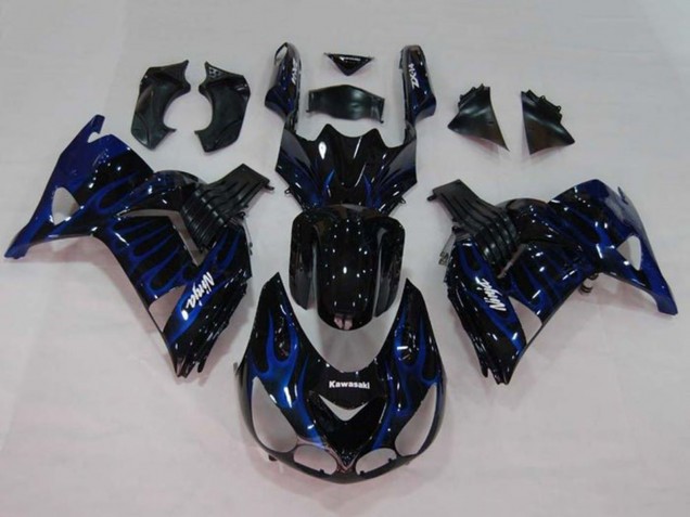 Kawasaki ZX14R ZZR1400 Motorrad Verkleidung 2006-2011 - Glanzendes Schwarz Blau Flamme