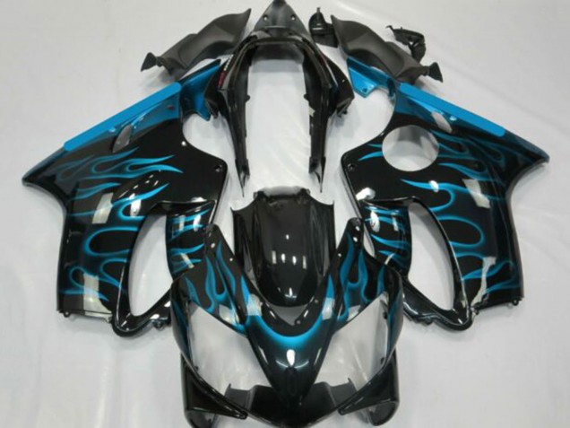 Honda CBR600 F4i Motorrad Verkleidung 2001-2003 - Glanzendes Schwarz Hellblau Flamme