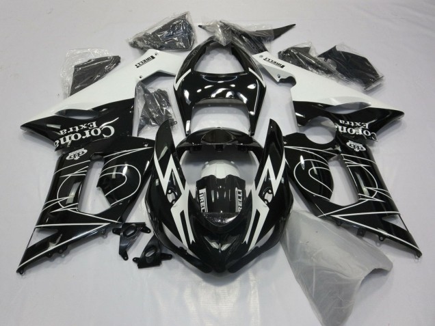 Kawasaki ZX6R Motorrad Verkleidung 2005-2006 - Glanzendes Schwarz Weiss Corona Extra Tribal