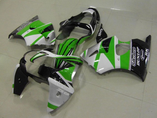 Kawasaki ZX6R Motorrad Verkleidung 2000-2002 - Weiss Grun Glanzendes Schwarz Streifen Silkolene Dunlop