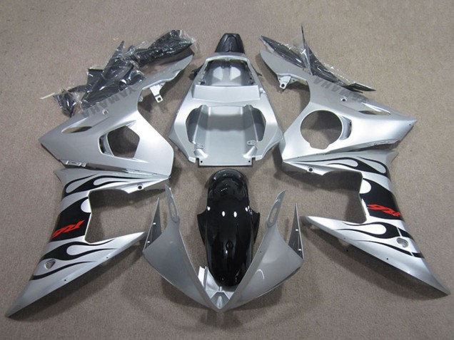 Yamaha YZF R6 Motorrad Verkleidung 2003-2004 - Silber Glanzendes Schwarz Flamme