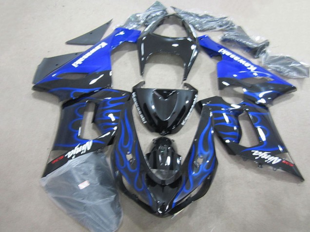 Kawasaki ZX6R Motorrad Verkleidung 2005-2006 - Glanzendes Schwarz Blau Flamme