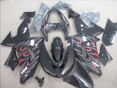 Kawasaki ZX10R Motorrad Verkleidung 2006-2007 - Glanzendes Schwarz Rot Weiss Flamme