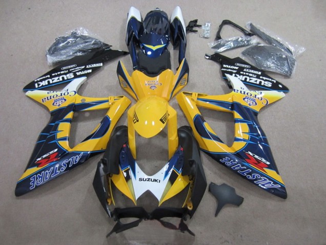 Suzuki GSXR 600 Motorrad Verkleidung 2008-2010 - Weiss Gelb Blau Alstare Corona Extra